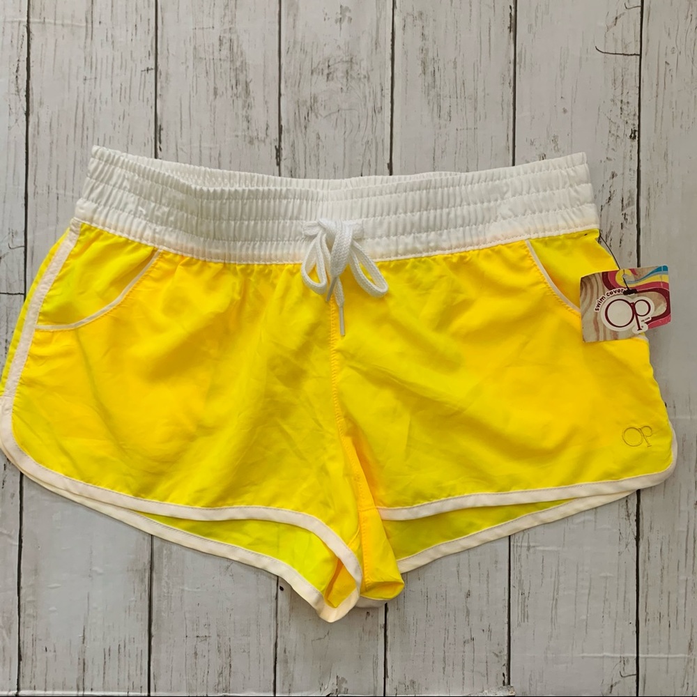 NEW VTG OP Neon Yellow Dolphin Surf Shorts 🌴 Deadstock Y2K Beach Girl - Picture 2 of 3